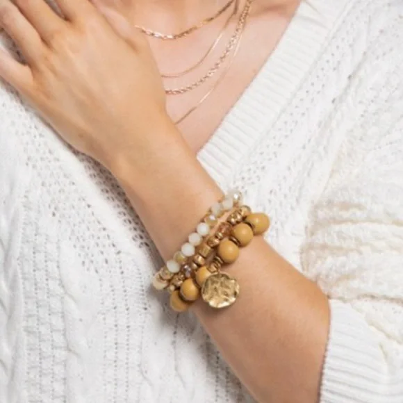 SOLD OUT Nude Gold Coin Mixed Bead Charm Stretch Triple Bracelet Set - Picture 3 of 3